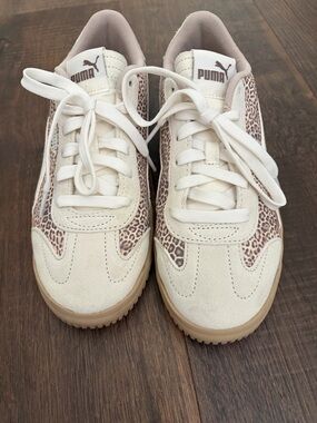 Puma Cream Suede Sneakers with Leopard Print Accents